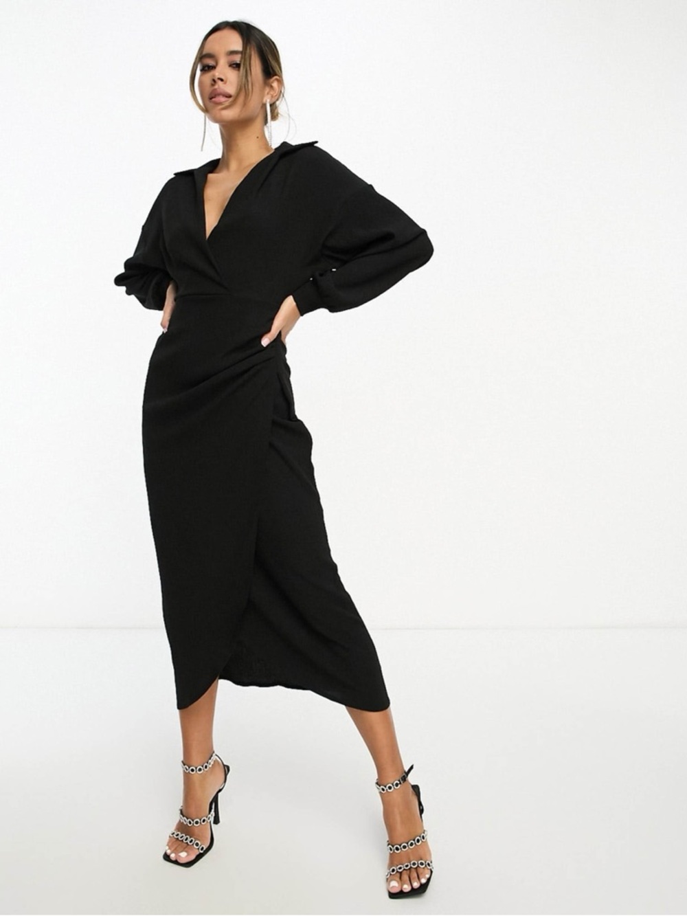 ASOS DESIGN Women’s Black Textured Collared Wrap Midi Dress Size 4
